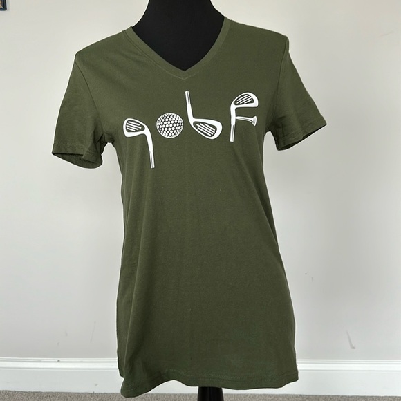 "Golf" Olive Graphic V-Neck T-Shirt Sz SM - Picture 1 of 5